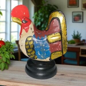 Large wooden chicken, rustic, missing areas of paint, which adds to it’s appeal